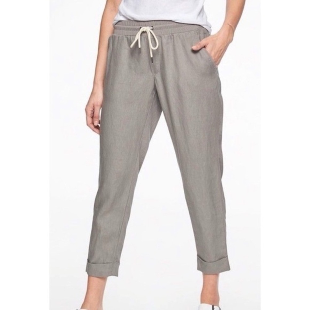 Athleta 6 100% Linen Ankle Cropped‎ Pants Silver Gray Pull on Natural Fiber